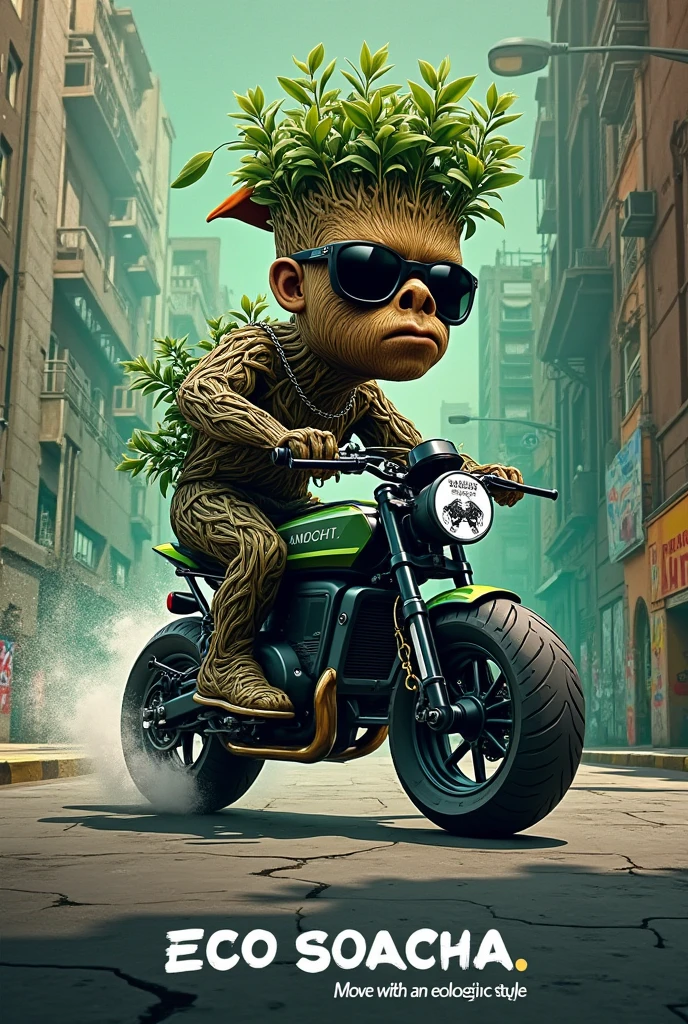 groot qui fume un cigare assis sur une moto cross avec des lunettes noir et des petites plantes de canabis qui pousse sur lui avec un maillot de foot rouge et noir du stade rennais floqué Cali weed 35 en cartoon