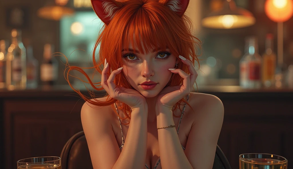 stunning 1girl, beautiful detailed eyes, beautiful detailed lips, extremely detailed face and portrait, long flowing hair, intricate elegant dress, serene expression, photorealistic, 8k, high quality, masterpiece, realistic, cinematic lighting, vibrant colors, dramatic lighting, fantasy art, digital painting, red hair, amber eyes, fox tail, fox ears, , nude, in doggy pose, on all fours, on bed, With her back turned to the camera.