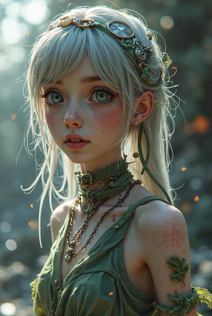 (Best quality, tmasterpiece:1.4), (actual:1.2), (actual:1.2), (Ridiculous resources:1.2), 4K, ultra - detailed, A beautyful girl, Detailed faces, (Ultra-detailed eyes:1.2), (gorgeous one:1.2),(natural:1.2), (at a forest:1.4), (Monte:1.2), Rochas, Rochas, floods, (wood bridges:1.2),(Alone:1.4), 1 Sister, (Eternal:1.2),(fairies:1.2), Pointed ear hair:1.2), Long gray hair, (side locks:1.2),(Green-eyed:1.4),(humongous large breast: 1.6),(Wide hips: 1.3),(Thigh thick: 1.2),(Thick lips: 1.4),White knee-length Bootrow shorts:1.2), (brown cape:1.2), (Brown stockings:1.4), Mint green dress, Black belt,venusbody