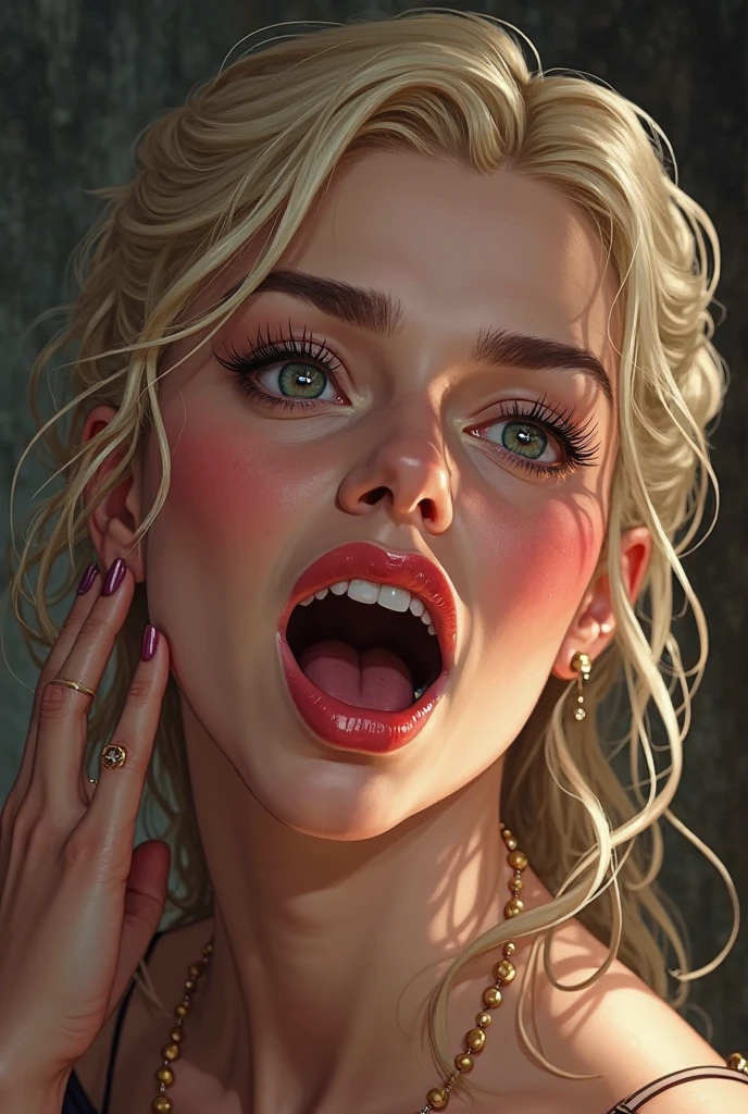(sweet release),((close-up of woman's face:1.4)),(aroused:1.3),((closed eyes, scream:1.3)),(realistic illustration). cute 27 yo ((blonde:1.3)) Caucasian woman with green eyes. Sexy (chubby:0.7) figure, natural breasts, beautiful ass. Eyeglasses, cardigan, black floral print sundress, Masterpiece, (highly detailed:1.2),(detailed face and eyes:1.2), 8k wallpaper, cinematic lighting. core shadows, high contrast, bokeh.