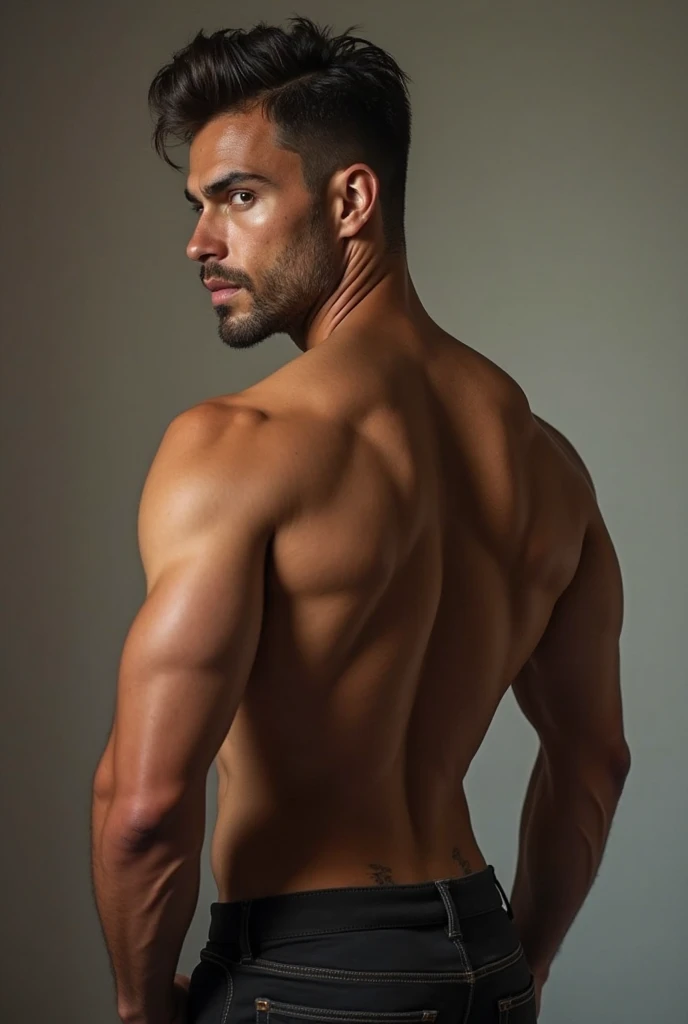 A sexy man with black hair, and short beard, handsome face and a beautiful (ass),best quality photo, masterpiece, cinematic , homoerotic nsfw , detailed face and eyes