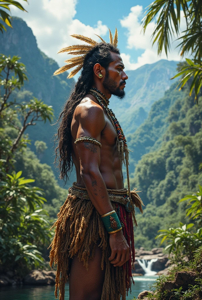 Aboriginal shaman from the coast of Ecuador with tattoos and a cape and shell necklaces performing a ritual