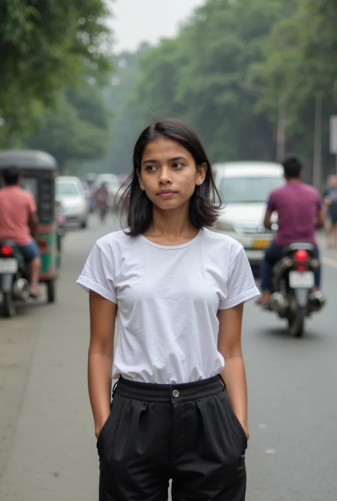 (full body, editorial photograph of a young dusky Indian woman), photographed in a busy street, (highly detailed face:1.4) (smile:0.7) (background Busy indian street , moody, private study:1.3) POV, nikon d850, film stock photograph ,4 kodak portra 400 ,camera f1.6 lens ,rich colors ,hyper realistic ,lifelike texture, dramatic lighting , cinestill 800, realistic, wearing red round-Neck Top, half sleeve, posing!!, candid picture, medium body, large sized breasts, black hair, bun hair, medium hair length realistic skin texture, brown skin