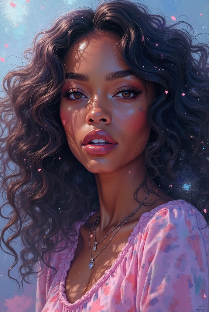 Afro-textured hair, sparkling eyes, dark skin, extreme long curly messed hair, cute jiggly fat round belly voluptuous body, heterochromia eyes, really curly hair, dark skin, round belly voluptuous body, (dan mumford:1.3) cinematic style, girl eating ice cream, candies flying all around her, (correct anatomy:1.2), (nsfw:0.9), gradient lovecraft colors.