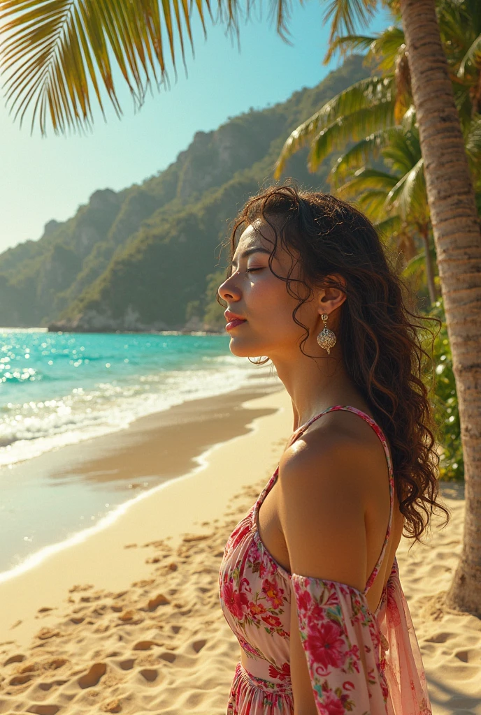 A Japanese-American woman wearing a swimsuit lying on the beach、It shows her inner peace and outer charm.。