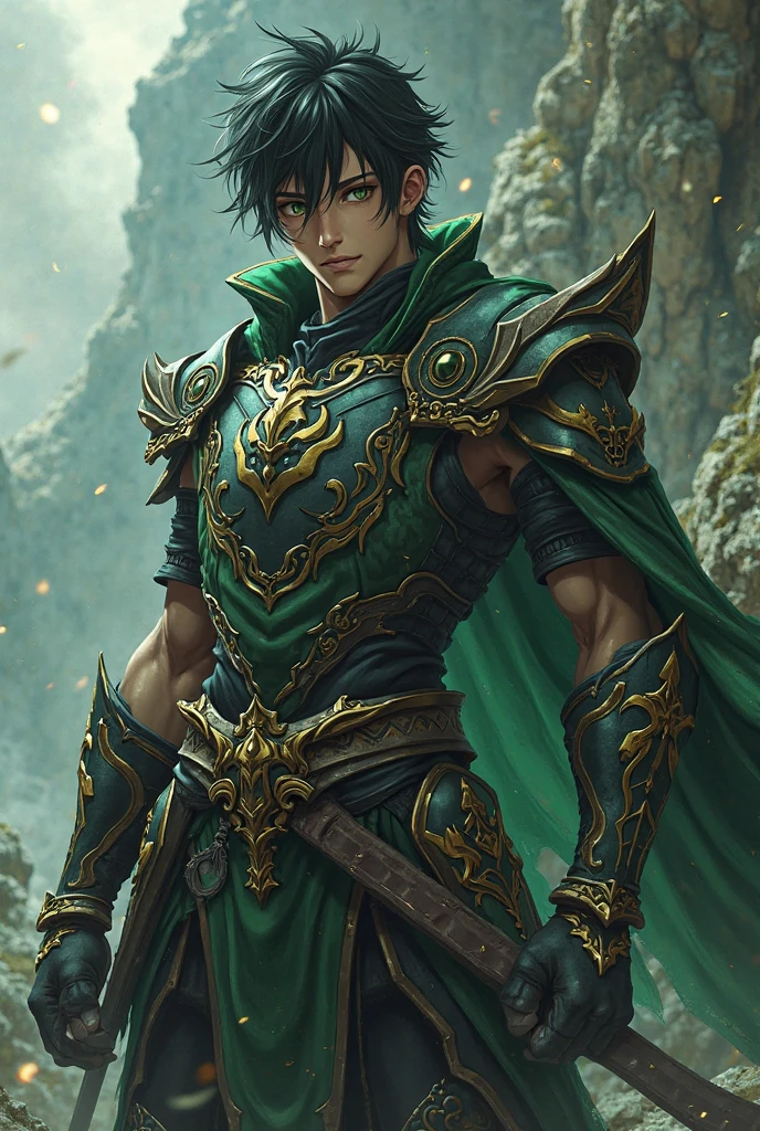 Beautiful man, cartoon realistic, Asian soft features, Androgynous looking, clear blue eyes, pitch-black messy hair with blue wires, muscular body with wide shoulders ((big chest and tiny waist)), wearing a fantasy thief outifit in a big green forest