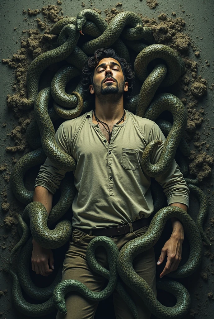 Giant snakes are crawling all over a man&#39;s body.,man in panic