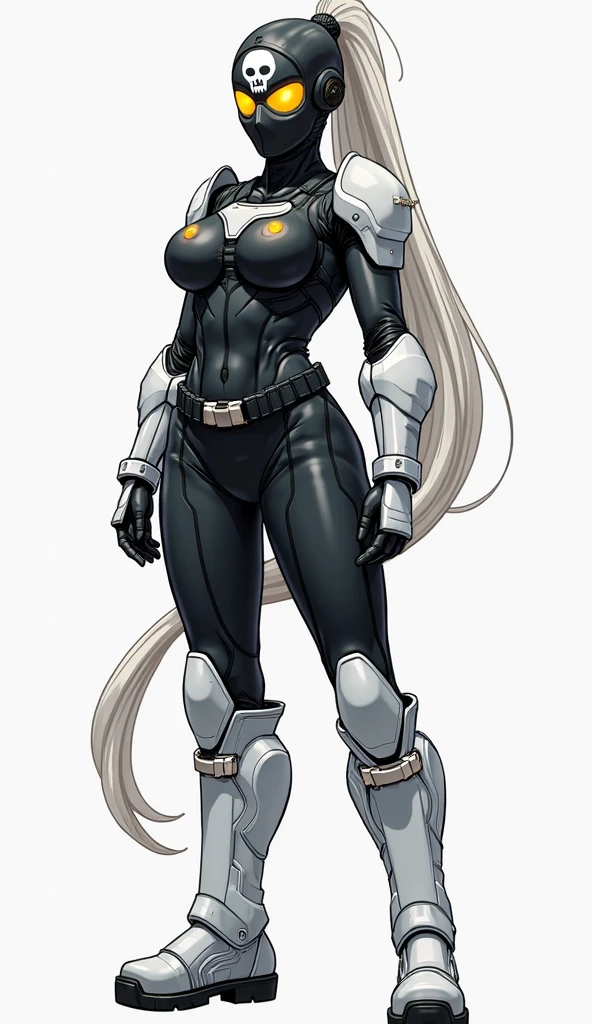 anime waifu bodybuilder, beautiful face, smiling face, perfect body, fit body, abdomen, large breasts, muscular, (((hair) long and blonde), ((clothing) ninja tights of white color, torn), (cover covering body of black color, and hood covering head of black color), character A2
