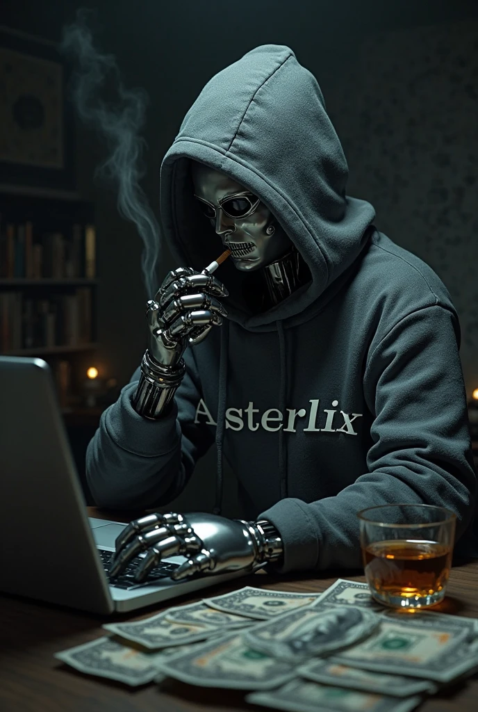 Create a high-quality, high-resolution image of an evil skull day trader sitting in front of a computer making a trade. In the image, include the text: "Eder Santo Professional trader investments".