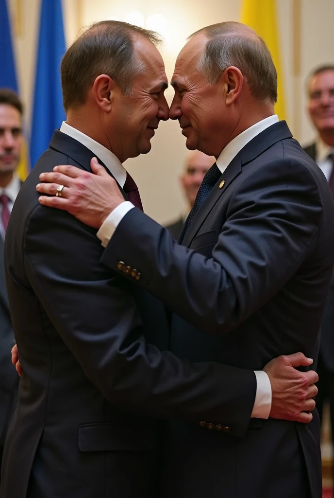 Macron kissing Zelenskyy with French flags in the background while both are shirtless