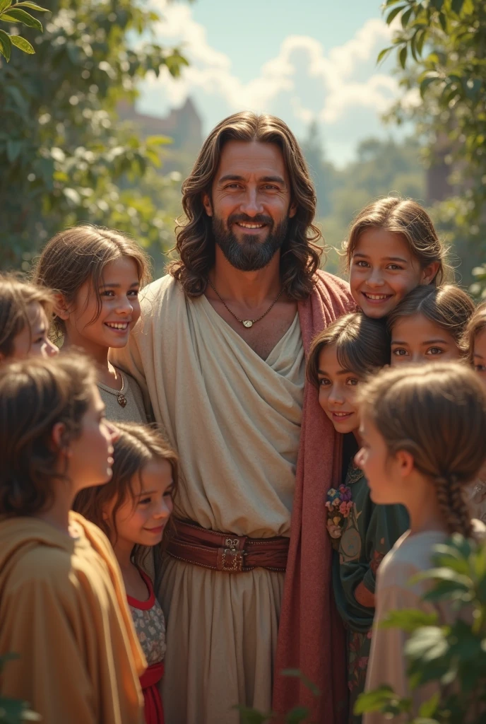 Jesus smiling with children in a Marvel-style HD drawing