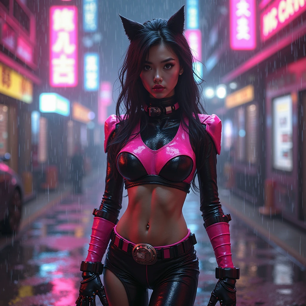 Masterpiece, Best Quality, High Resolution, 1 Young beautiful cat woman, cat ears. for looking at the camera smoking a cigarette leaning on the wall with one leg resting on the wall. Revealing cyberpunk clothing, leather clothing with decorations and bright colors cyberpunk night city. neon signs, futuristic cars, dark place, intense rain, wet clothes, magenta neon lights perfectly illuminating the young man. curvy body. cat Woman. Beautifull. long hair. 1 girl. detailed body. Dinamic pose.
