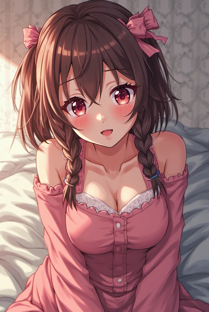 ((Brown hair)),((Braided shorthair)),(With black eyes))),(With bangs)),Slight red tide,(Pajama long sleeve cardigan clothes with lots of frills),(Hair band made of fluffy material),((All white, Pink, orange, and yellow)),(Colorful, Cute pajamas with marble pattern),(Cute fluffy socks like a fairy tale),((Colorful and pop world view)),(((The body shape is slender))),(((hold a mobile game console with both hands))),((During the game)),(Nintendo Switch)),(Navel Bow Style),(Smiling smile),(close up of face)((Sleeveless Nightgown)),((Trousers made of soft and voluminous sweat material)),(room style),(Sitting on the couch、Place a cushion under your armpits),