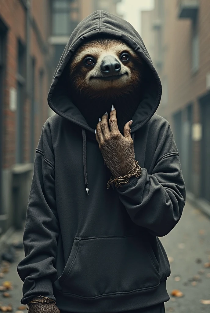 Raccoon wearing a hoodie and pointing to the right with his paw