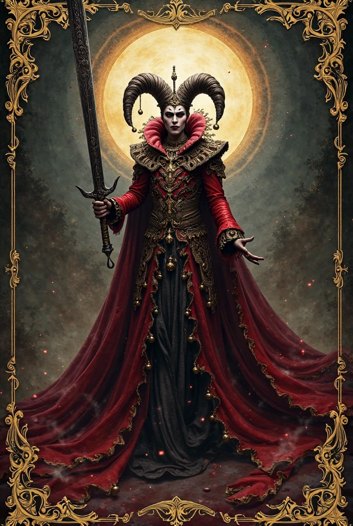 The image is a digital illustration of a man standing on top of a large red monster. The man is wearing a long, flowing robe with intricate patterns and designs on it. He is holding a spear in his right hand and a shield in his left hand. The monster's head is covered in a large, ornate headdress with a skull-like design on top. The background is a dark, cloudy sky with a castle-like structure in the distance. The overall mood of the image is ominous and menacing.