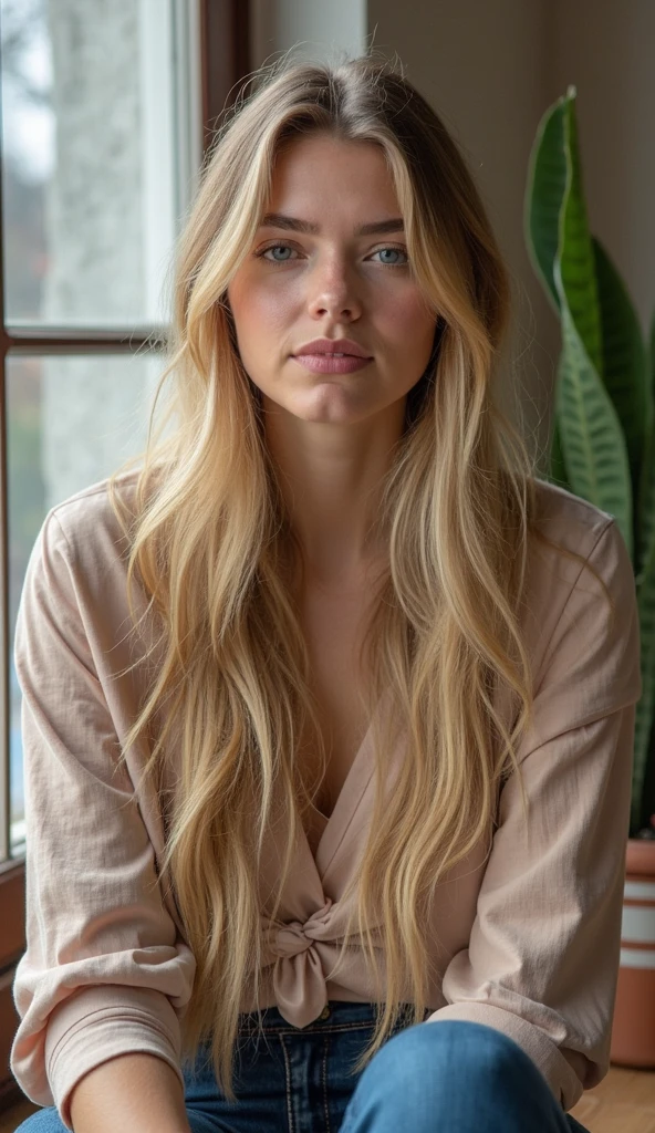 curvy woman with long blonde hair and white blouse, a gorgeous blonde, beautiful young model, blonde and attractive features, 25 year old female model, beautiful blonde hair, extra-light natural blonde hair, flattering hair, elegant blonde hair, Erin Moriarty, Her hair is long and straight, beautiful highlights and specular, her hair flowing down