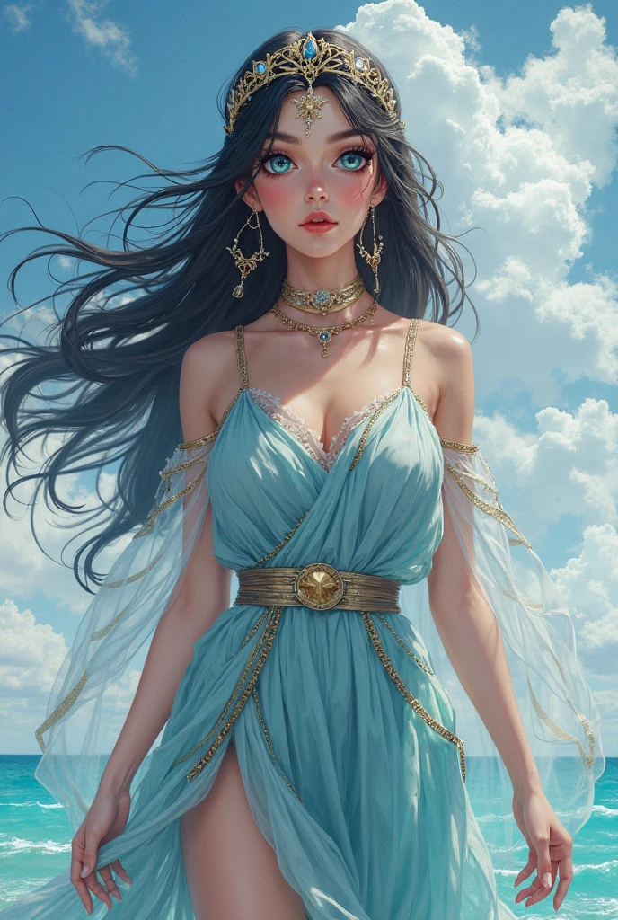An incredibly beautiful young femme fatale, with aquamarine eyes, she has very long curly aquamarine hair, she is a goddess dressed in the clothes of the goddess Amphitrite. She stands in a raging sea. Realistic image. Masterpiece, perfect image, realistic photos, full-length image, 8K, detailed image, extremely detailed illustration, a real masterpiece of the highest quality, with careful drawing.