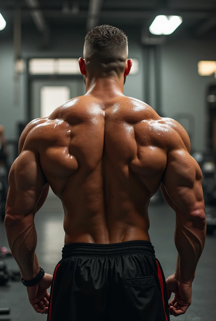 A standing bodybuilder showing his muscular and defined back after making a workout in a gym ambient