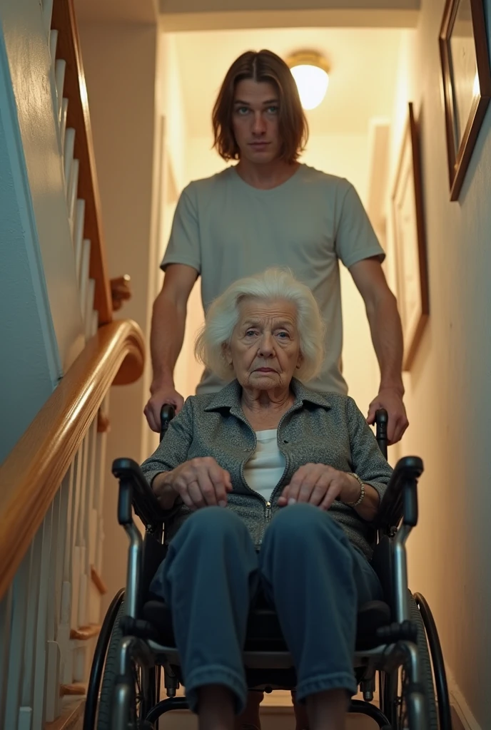 Bad looking old woman in wheelchairs, with her 27 years old daughter, beautiful room, low light, gloomy weather