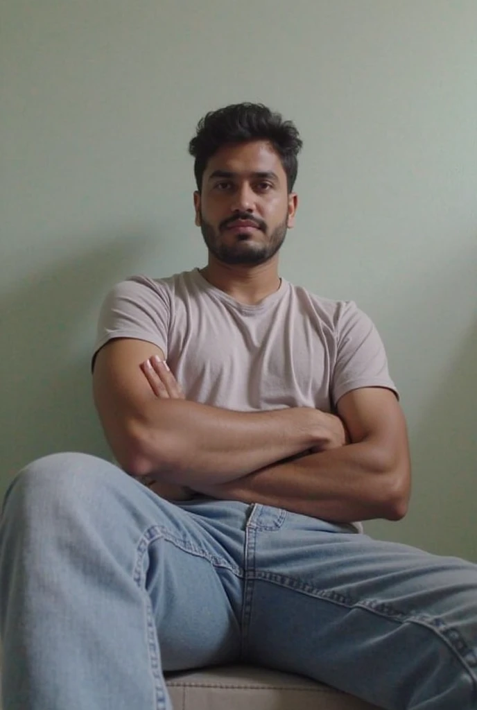 A sexy indian man wearing a tank top, penis,homoerotic, messy hair, detailed face and eyes, head to thighs on focus ,on a sofa, (handsome face ),nsfw