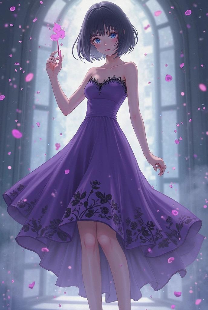 masterpiece, Highest quality, Highly detailed 8K wallpapers, One girl, Outdoor, Helena(Azur Lane),strapless dress, dress, layered dress,White flower, hair ornaments, Purple eyes, (choker), overview, (Black gloves), barefoot,