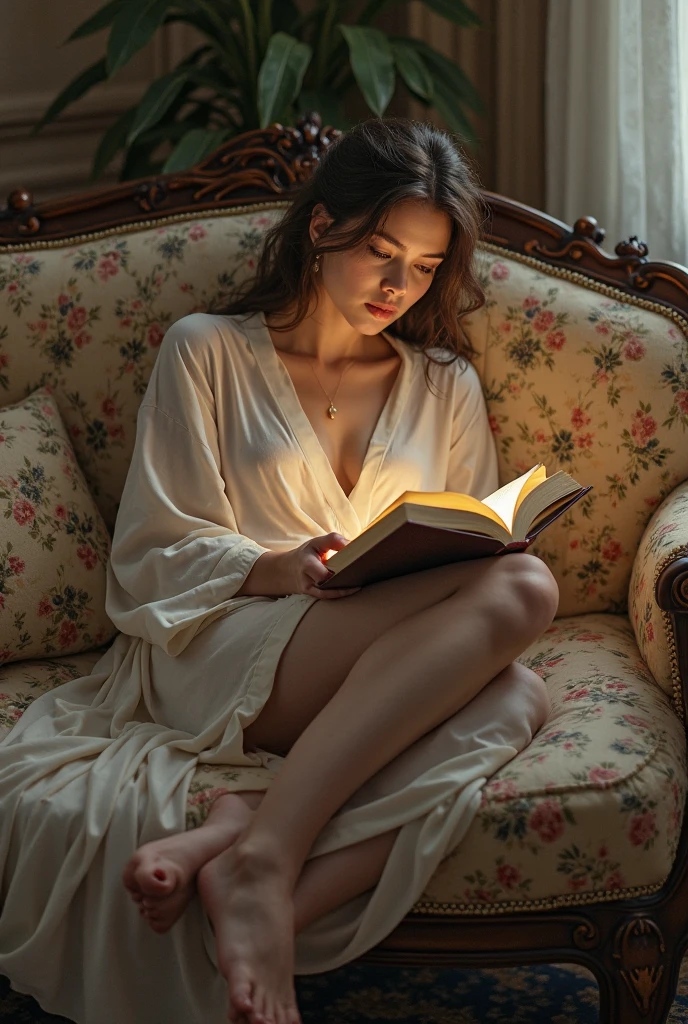 sexy indian woman, large bedroom windows, extremely detailed, absolutely cinematic, woman wearing transparent sheer white sari, sari off shoulder, reading book near window sitting on plush chair, top angle, sexy boobs, colorful image