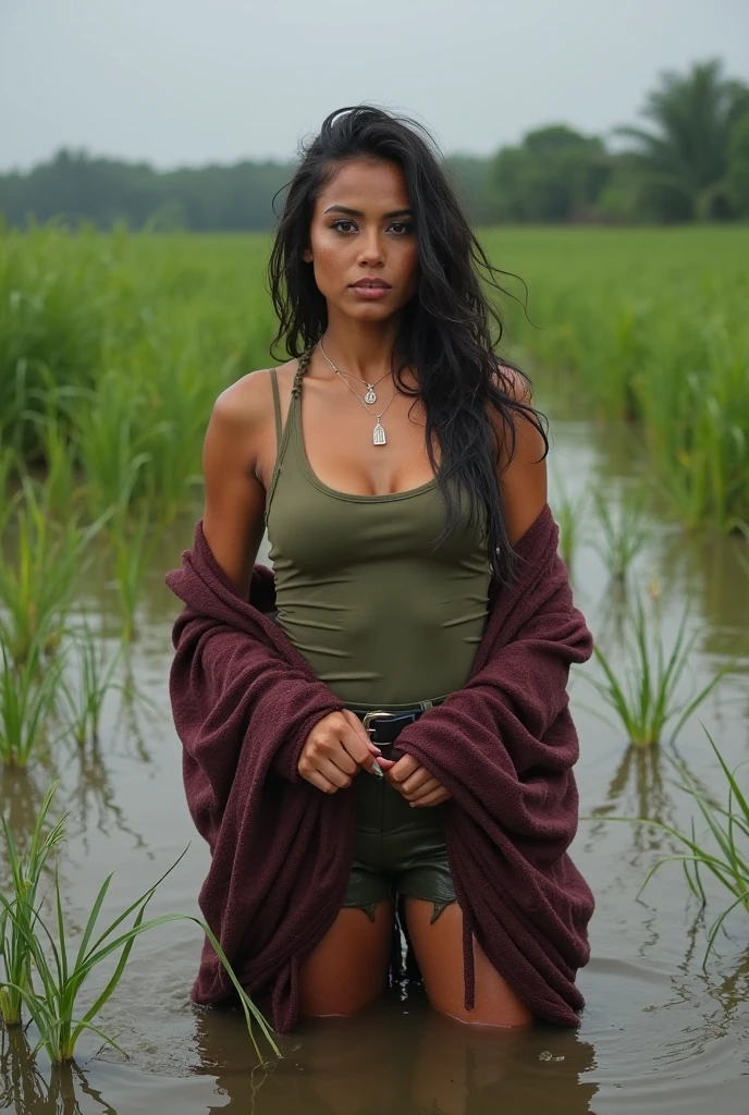 Young sweet beautiful Indonesian girl, 18 years old, slim body, very georgeus face, beautiful small breasts, wearing white dirty short hijab to  covering all her hairs, a senior smart indonesian scout trainer at camping zone, a strong and humble girl, wearing khaki very  dirt  long sleeve all unbuttoned indonesian scout jacket, there is a red cross badge on her  pocket,  wearing dark brown folded up long skirt, wearing black sport shoes,  very realistic, very detail face, no cartoon, all good fingers have normal shape, normal legs shape, siting down limp lazy  opened wide legs that tied on lazy chair at  in camping zone,  sun shining to her body,   ?????? and breast are exposed and visible, sweat on  all her skins, many sweat flowing on her redish exhausted face, being kudnaped, scared and exhausted eyes,  very frightened and  exhausted face, her dark hairy  vagina exposed, very dense hairs under her stomach are visible, no bra, no panty, no underwear,  nude, she forced to take off her dress,