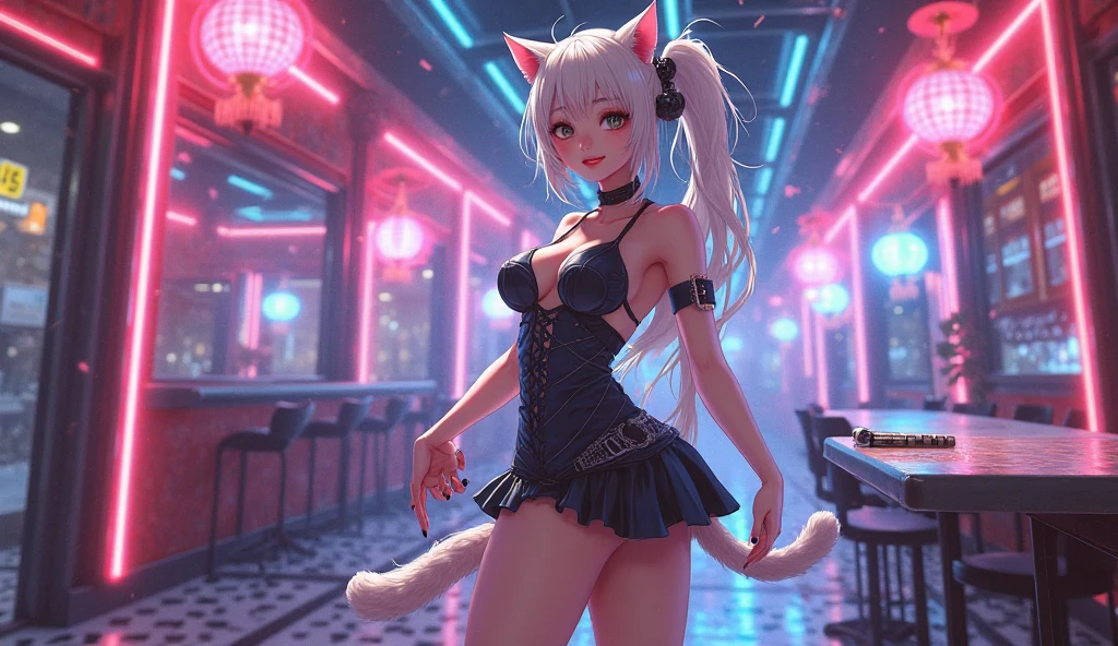 Silver hair, pink eyes, body, cat ears, woman, happy face, pet cat, cats in background, cats, pink clothes