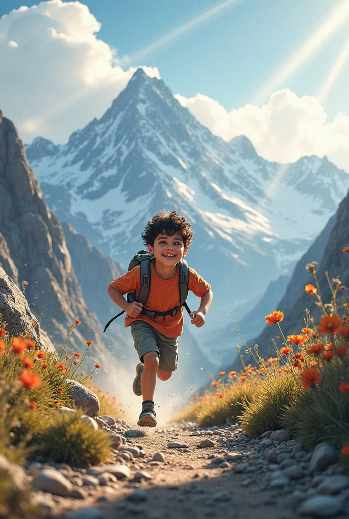 Create a pic of boy who is free enjoying moutains in hamd full of flowers on his back side
In front clouds with blossom wind