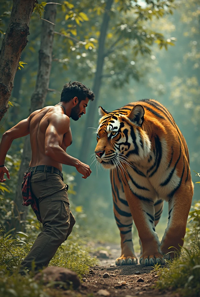 By using letter K generate a ocean and a man (Tiger Shroff) fighting in the river with a tiger animal s or watching it in forest