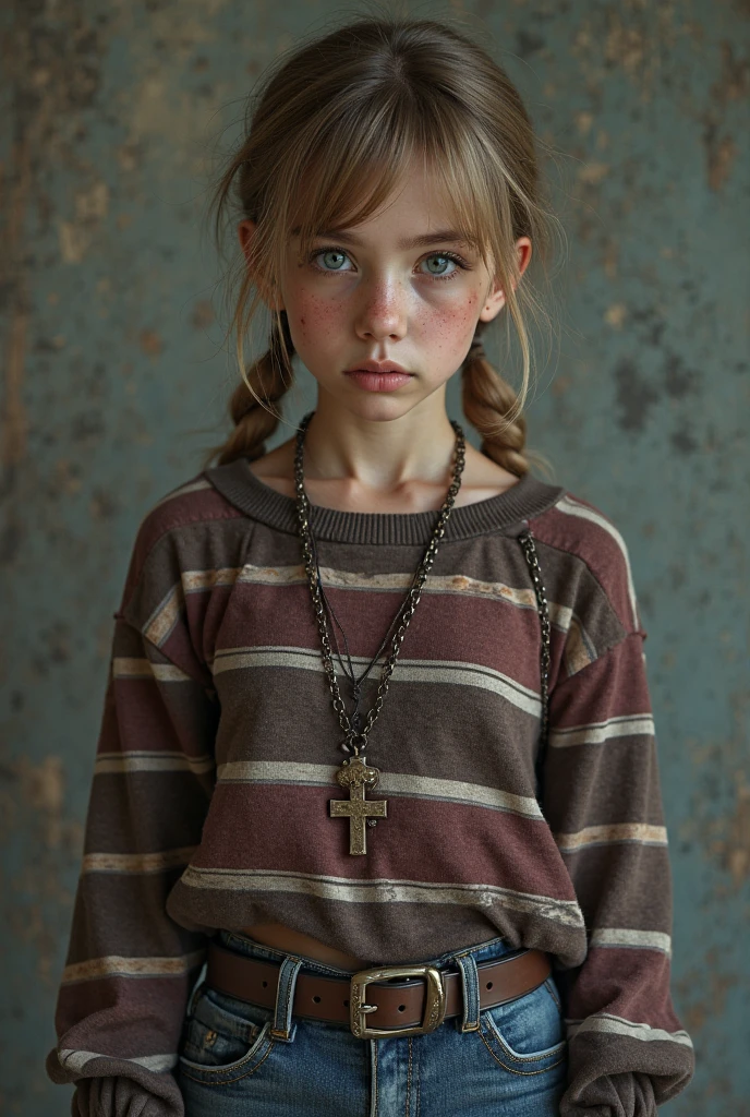 10 year old girl Russian child with long hair BLONDE WITH RED LEATHER JACKET, PORTRAIT, CHAINS, MANY CHAINS, RED CHAINS, CHAINS.