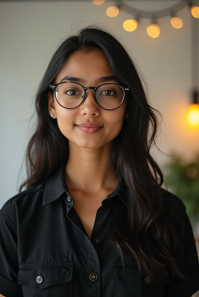 indian 23 years old girl, Dark Brown skintone, almond eyes, simple glasses, High ponytail, sage high neck shirt, simple spectacles, simple upside down smile with mouth corner dimples, photorealistic, potrait 