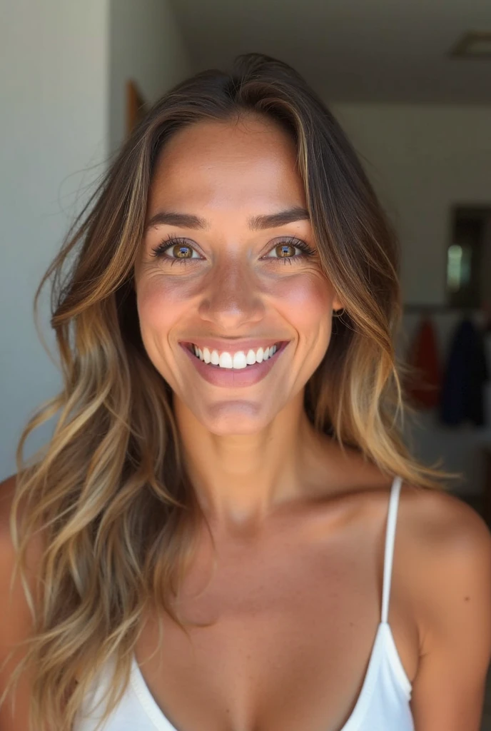 Beautiful model with light orange-red hair, tirando sua propria photoshot, estilo selfie, as if she were an influencer, que usa roupas de academy fechadas, na academy com pessoas ao fundo malhando, gym, very detailled, 22 years old, inoccent face, smiling at the camera naturally, Natural hair, high resolution, work of art, best qualityer, high level of intricate detail, very detailled, sharp focus, skin detailed, realistic skin texture, texture, detailedeyes, proffesional, 4K, charming smile, shot with Canon, 85mm, Shallow depth of field, Cores Kodak Vision, perfectly fitted body, extremely detaild, photoshotr_\(ultra\), photoshotrrealisitic, realisitic, after treatment, Maximum details, roughness, true life, ultra realist, fotorrealism, photoshot, 8k hd, photoshot, ((upper body selfie, glad)), work of art, best qualityer, ultra detaild, in the beach, (marking), academy, glad, ombre, sharp contrast, Heaven can do it, styled, (warm toned, hottest ton: 1.2), close up, cinematic light, side lighting, ultrahigh resolution, bester ombre, Spirit, facial part, serious look, Normal breasts, 4K, academy, roupa de academy, pessoas da academy malhando ao fundo, gym background, ambiente de academy,