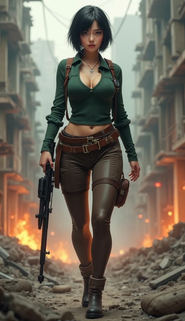 obra maestra , RAW camera , Calidad ultra , volumetric illumination, HDR, Maximum resolution, Preciosa , estilo militar , Estilo de ropa del juego Call of Duty , Generic in-game character , Camuflaje y atuendo sexy , Mujer musculosa con caderas enormes , Thin belt and scarf , todo muy detallado, sexy standing, ojos verdes, moist lips, cuerpo completo, Fondo de la escena de guerra , 8k