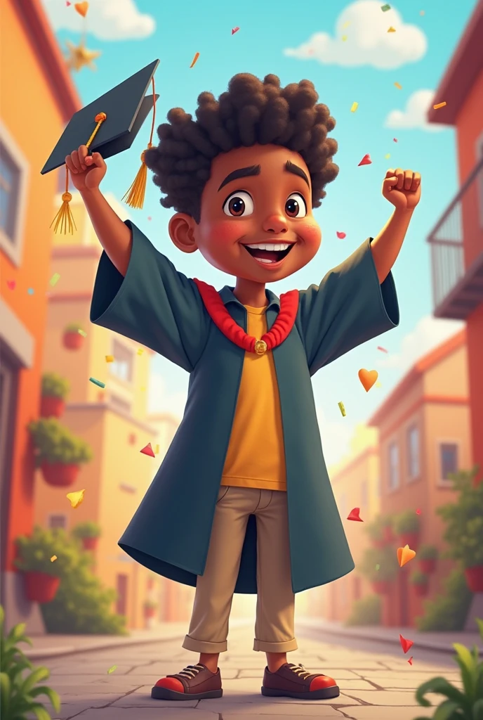 Create an animated image of a dark-skinned boy winning a math contest

