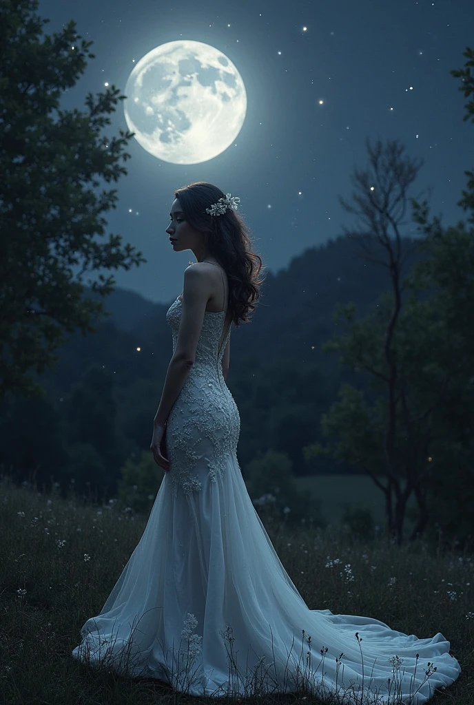 In the quiet night place, a full moon illuminates the serene surroundings, casting long, ethereal shadows. A woman, dressed in a flowing white gown, stands alone in the moonlit scene. Her long brunette hair cascades down her back, catching the soft glow of the moonlight. Her deep brown eyes reflect the brightness of the night sky. She gazes up at the moon, her bare shoulders exposed to the cool night air. A delicate necklace adorns her neck, the pendant catching the light from the moon. The realistic image of her face is illuminated by the gentle, dancing shadows of the moonbeams. The tranquil ambiance of the scene is further emphasized