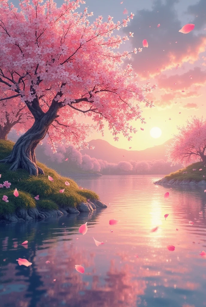 Japanese garden with a Sakura tree in front of a lake at sunset with ...