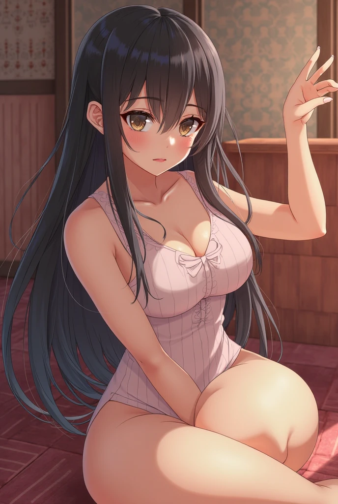 1 girl, solo, brown twin tails, naked: 1.2, (apron), big, cleavage, cleavage emphasized, thighs, Cafe Background, smile, blush: 1.1, beautiful legs, showing breast, nipple, showing vagina