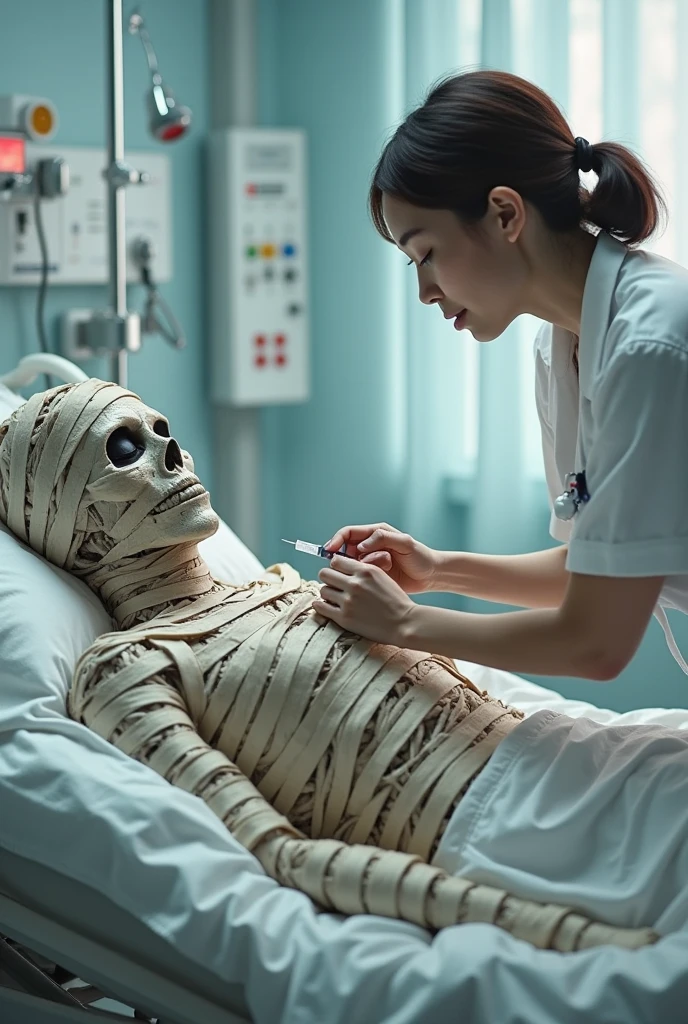 hyperealistic, arafed woman with bandages on her body being examined by a nurse, mummified in bandages, disposal mummy, covered in bandages, with wires and bandages, mummy, surgical impliments, medical photography, screaming, low contrast