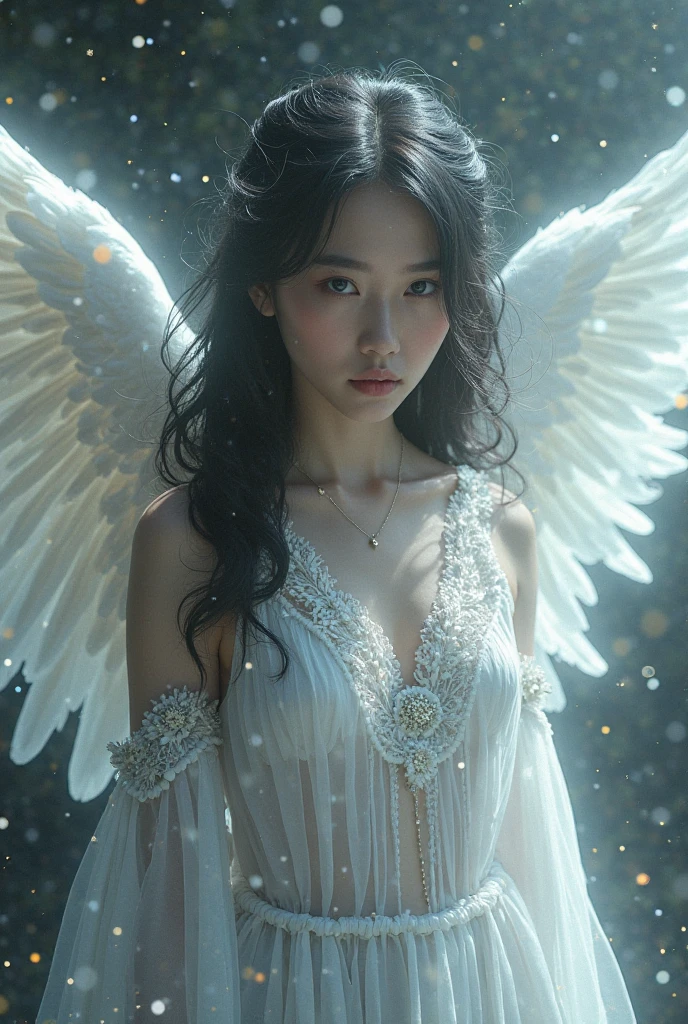 a woman with mystical looking wings, wearing a flowing and transparent dress, this woman sat on the edge of a window frame decorated with intricate carvings and two statues of angels, below the window, there was a pile of skulls and bones, adding a chilling contrast to the cool and cool atmosphere celestial above, the juxtaposition of these elements depicts the theme of life and death, or perhaps the transient nature of beauty and existence