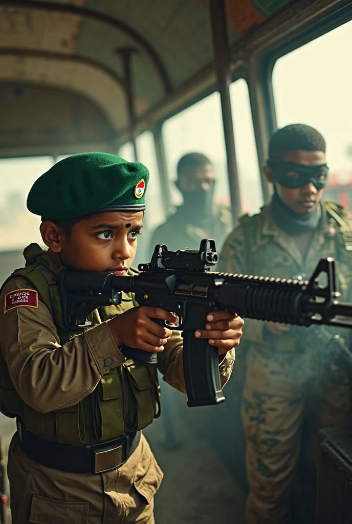 Make a kid having ak-47 and make a flag of tiger stripes behind him with the name of "OMC Organization of Muslim Childrens " standing in front of many army kids