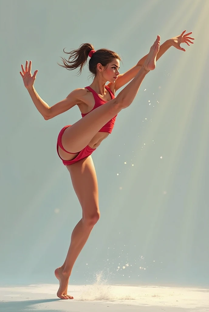 A woman alone in a bikini jumping in the air over the ocean, dynamic dance photography, em uma pose de flutuador de salto, athletic fashion photography, Pulando, dramatic floating pose, dramatic magic floating pose, Uma mulher flutua no ar, female dancer, Pulando no ar, contemporary dance, leaping with arms up, leaping towards viewer, modeling photography