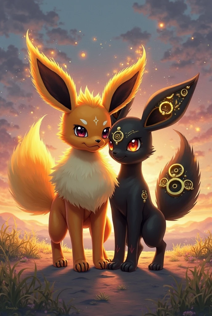 (Duo, male and female)Beautiful Furry art, breathtaking, masterpiece, anthro,female, umbreon, fluffy, small, slim, cute, two umbreon standing in front of a tree(pushed against the tree) with stretched arms, hands behind the head, night forest scenario, superb illustration, realistic fur, (by hioshiru artstyle), red eyes with black pupils, )