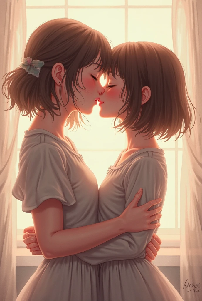 two girls, One with medium-long straight hair with bangs and tall kissing the other girl with slightly wavy hair, long and short