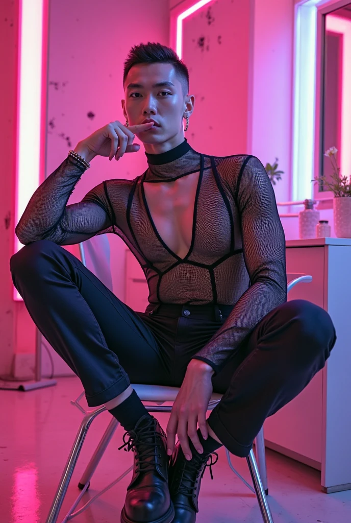 Hot Korean man with defined pink , shirtless , BDSM CLOTHE, front view, K-idol, hot , sexy , k-idol bdsm , BDSM, streeper  , motel room  , masterpiece  