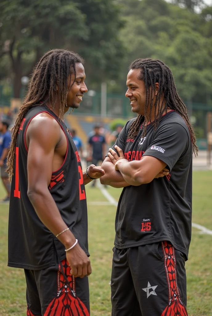 Two young male American football players, fit, one black, one Hispanic, toned abs, red shirt:1.4, red pants:1.4