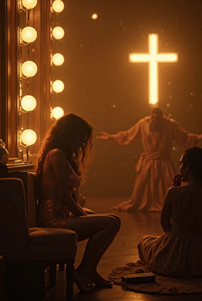 A Milf is part of a ??? sect . The milf is naked . The milf is surrounded by ????? young women . They are in a big room . Women are praying to the milf . The milf is kneeling on a bed