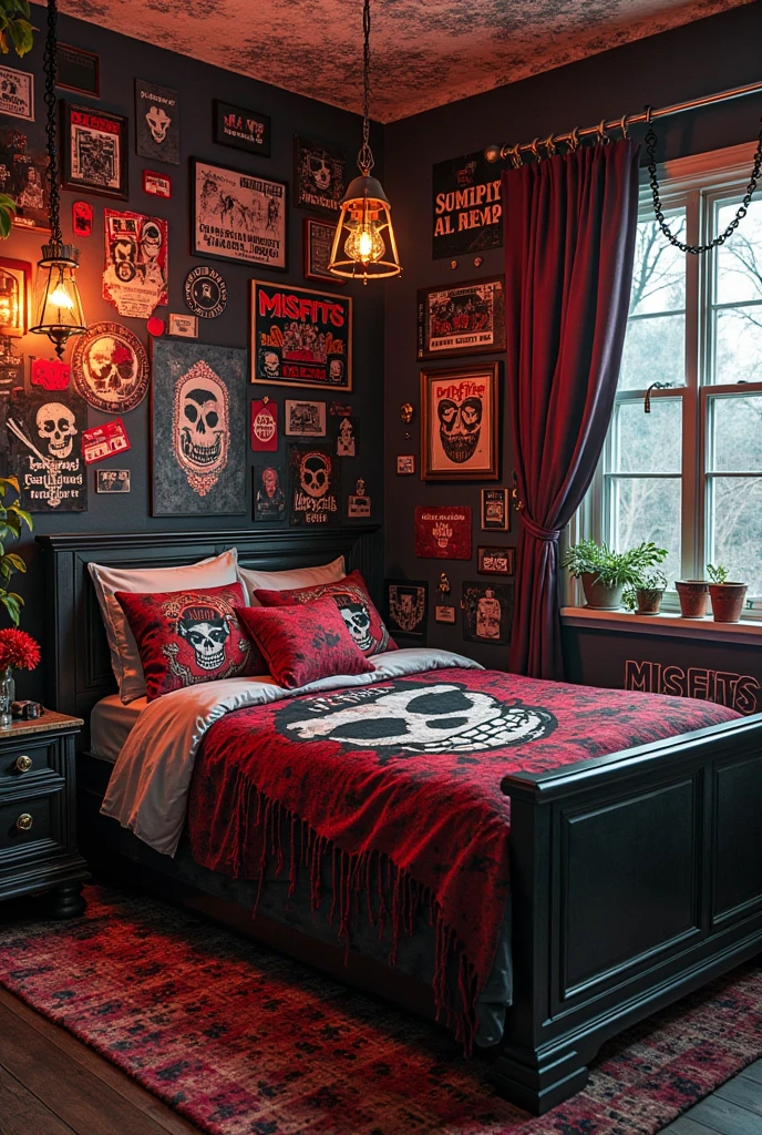 Luxury room with black walls and wood-look vinyl flooring, With a medium-sized skateboard leaning against the wall next to a cushioned bed with large pillows, with a small gray alien mask and a shelf with two plants, a methamphetamine pipe, and a Chucky sitting on the shelf