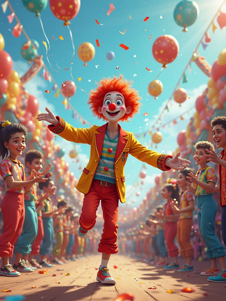 (best quality, highres), detailed, vibrant colors, happy children, entertaining performance, balloons, funny facial expressions, exaggerated gestures, circus tent, circus props, laughter, amusement park, entertainment for kids, energetic, magical tricks, audience interaction, big shoes, colorful costumes, juggling, balloon animals, circus music, laughter and applause