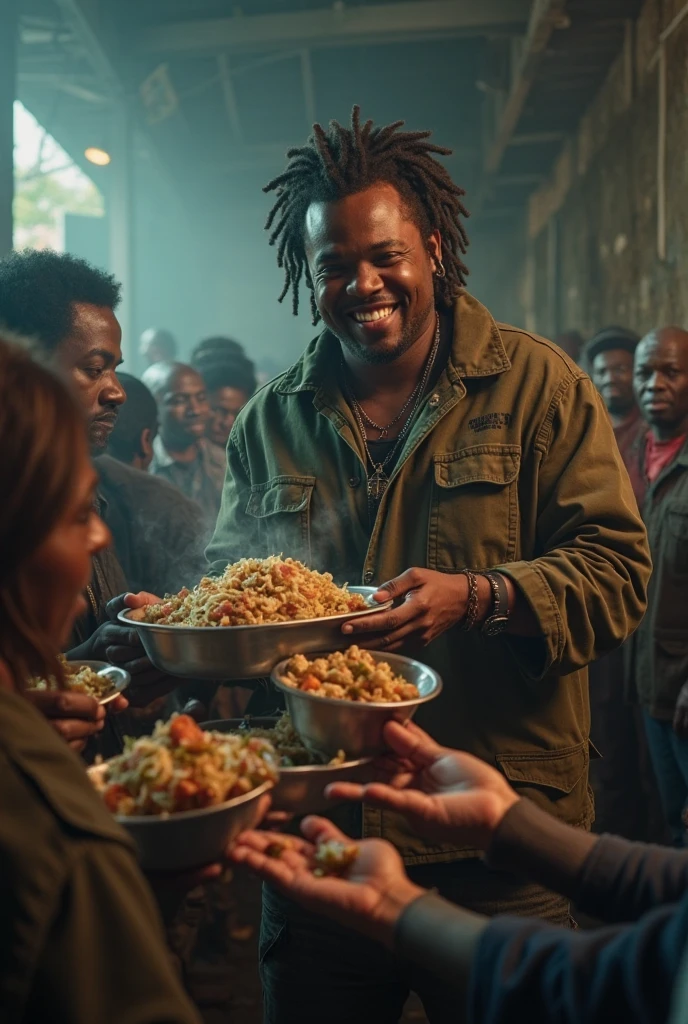 In shape happy selfish man with light skin, eating around sad african hungry kids without food